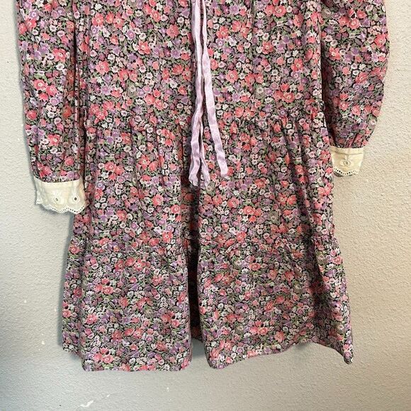 VTG Girls Smocked Floral Dress 6/8 Long Sleeve Collar Lace Trim Pink Purple - Picture 5 of 10